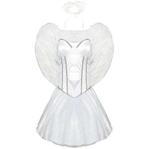Women's Halloween White Angel Vampire Cosplay Costume Set With Feather Wings And Headpiece Sexy Fairy Performance Outfit