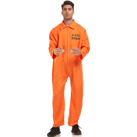 Orange Halloween Jailbird Costume Jumpsuit Men's Prisoner Role Play Outfit Stage Performance Top And Bottom Set