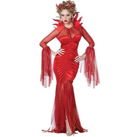 Disfraz de Bruja Diablo Rojo para Mujer Con Diadema de Cuernos Mangas Largas de Malla Vestido Con Cuello de Llama para Halloween Juego de Rol