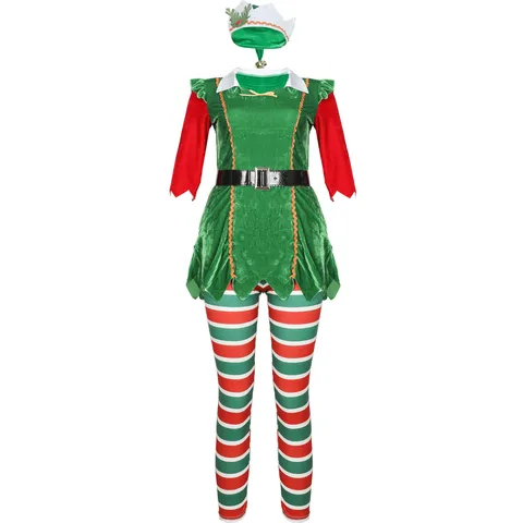Costume da Elfo di Natale da Donna Top Pantaloni Cappello Cintura Velluto a Righe Poliestere Festival Spettacolo Cosplay Abbigliamento per Feste
