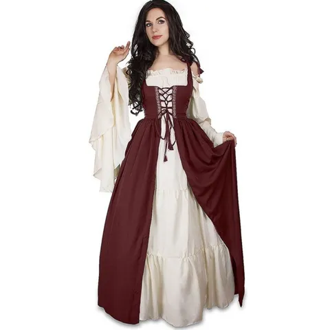 Robe Médiévale Renaissance Vintage pour Femmes Col Carré Manches Évasées Corset à Lacets Costume pour Halloween Cosplay Party