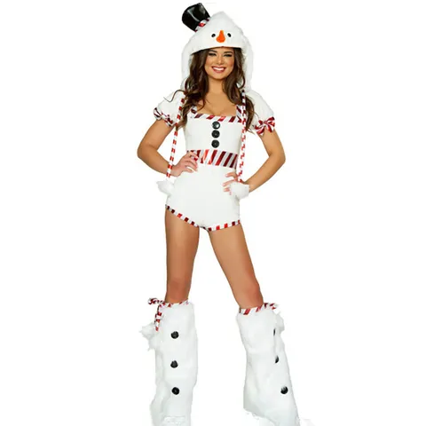 Costume de bonhomme de neige sexy pour femme avec combinaison à capuche en velours blanc bretelles rayées rouges et couvre-bottes en peluche