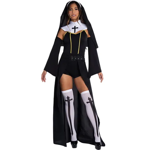 Halloween Nonne Cosplay Kostüm Für Damen Sexy Kirche Nonne Top Und Bottom Mit Kopfschmuck Kreuz Socken Karneval Party Aufführung Outfits