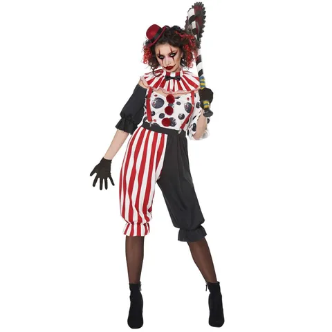 Women Halloween Zombie Clown Costume Circus Horror Stitched Stripe Top And Bottom Set With Neck Collar And Gloves Cosplay
