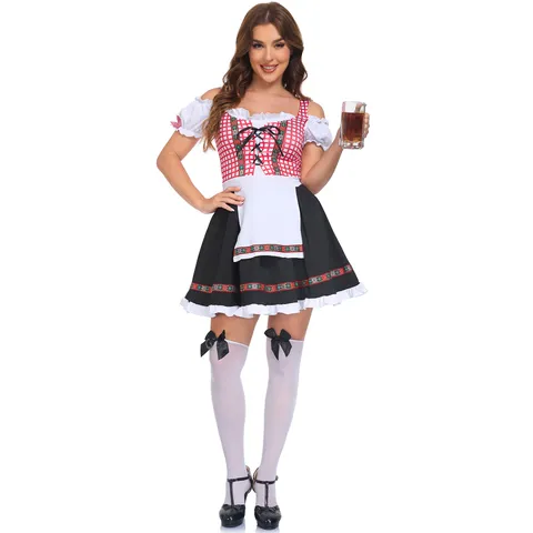 Costume Dirndl Bavarois pour Femmes Ensemble Robe de Cosplay de Serveuse à Carreaux Rouges pour Fête d'Halloween