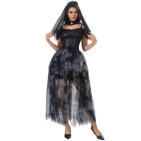 Halloween Evil Vampire Ghost Bride Cosplay Dress Gothic Mesh Splicing Fancy Party Dress For Women Masquerade Performance Outfit