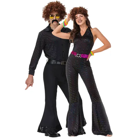 Costume de Scène Rétro des Années 80 Disco pour Couples Fête d'Halloween Combinaison en Polyester à Paillettes Ensemble Haut et Bas pour Femmes Hommes