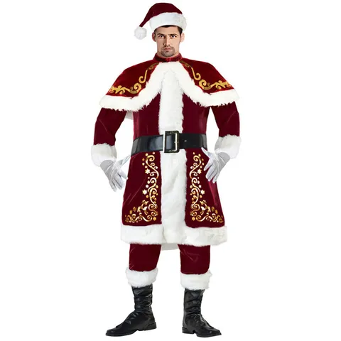 Costume de Père Noël de Luxe en Velours pour Hommes Tenue de Noël Épaissie Imprimée Top And Bottom Avec Chapeau Ceinture Accessoires
