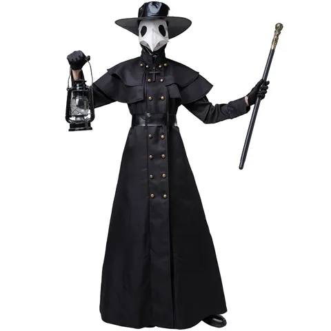 Medieval Steampunk Plague Doctor Costume Set Halloween Cosplay Crow Bird Long Beak Mask Hat Robe For Adults Party Carnival