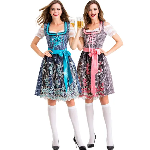 Damen Oktoberfest Dirndl Kleid Traditionelle Alpine Deutsche Bierfest Kostüm Party Performance Kleid Bedruckt Stickerei Dirndl