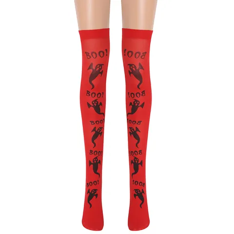 Damen Halloween Geist Boo Muster Rot Über Dem Knie Hohe Strümpfe Nylon 100D Festival Party Kostüm Zubehör