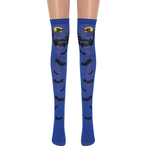Calze Autoreggenti da Donna Blu Halloween Pipistrello Strega Motivo Gotico Scuro Calze Alte in Nylon Accessorio Costume Festa