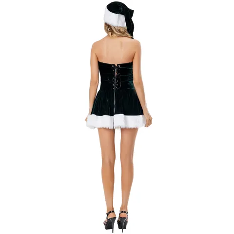 Costume de Cosplay de Noël Sexy pour Femmes Robe Mini Sans Bretelles en Velours Avec Chapeau Châle Tenue de Fête Rouge Vert Or