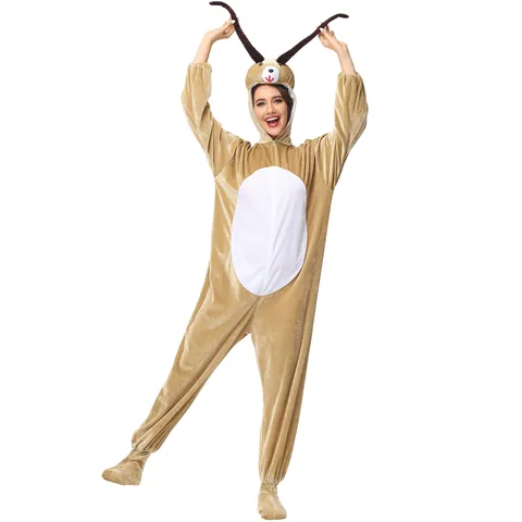 Cartoon Goat Animal Cosplay Costume For Women Halloween Velvet Polyester Jumpsuit Stage Performance Hooded Horns Onesie