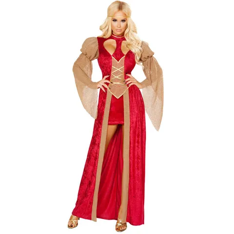 Damen Griechische Göttin Kostüm Halloween Kleid Vintage Mittelalter Palast Samt Gown Rot Gold Netzgewebe Lange Robe Cosplay Party