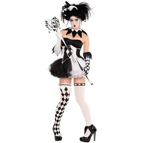 Scary Clown Cosplay Costume Set For Men Women Halloween Circus Party Stage Performance Outfit With Mask Hat Gloves Accessories