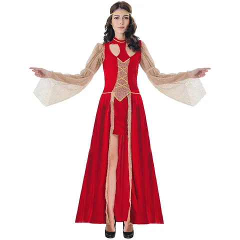 Damen Griechische Göttin Kostüm Halloween Kleid Vintage Mittelalter Palast Samt Gown Rot Gold Netzgewebe Lange Robe Cosplay Party