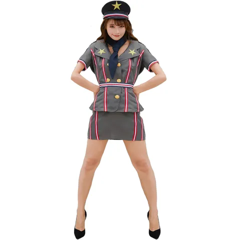 Costume de Jeu de Rôle Sexy de Femme Policier Pilote pour Femmes Uniforme Gris Top And Bottom Avec Chapeau Cravate Ceinture pour Spectacle de Scène Cosplay Fête