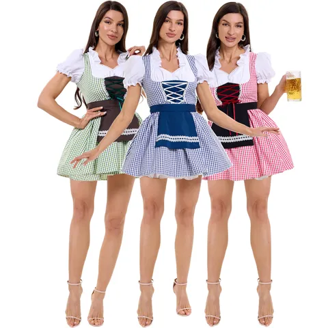 Robe Dirndl Traditionnelle Allemande pour Femme pour la Fête de la Bière Costume de Serveuse de Bière à Carreaux avec Tablier Robe Midi