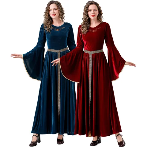 Women's Medieval Retro Egyptian Court Queen Dress Greek Goddess Princess Cosplay Costume Halloween Long Sleeve Velvet Dress