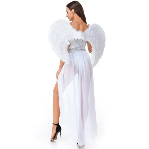 Women Halloween White Angel Costume Dress With Wings Sequin Lace Up Cosplay Outfit For Stage Performance Carnival Party Wear