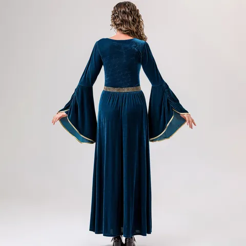 Women's Medieval Retro Egyptian Court Queen Dress Greek Goddess Princess Cosplay Costume Halloween Long Sleeve Velvet Dress