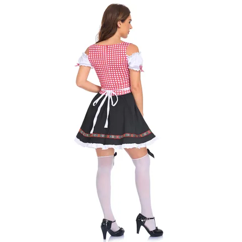 Costume Dirndl Bavarois pour Femmes Ensemble Robe de Cosplay de Serveuse à Carreaux Rouges pour Fête d'Halloween
