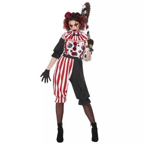 Women Halloween Zombie Clown Costume Circus Horror Stitched Stripe Top And Bottom Set With Neck Collar And Gloves Cosplay
