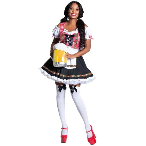Costume Dirndl d'Oktoberfest Allemand pour Femmes Ensemble Robe de Serveuse de Bière Vichy Rouge Blanc Tenue de Scène Avec Tablier Polyester