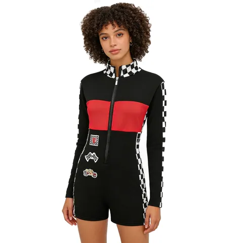 Combinaison de Course F1 pour Femmes Costume de Cosplay Imprimé à Damiers Combishort Biker Col Montant Zippé Tenue Performance