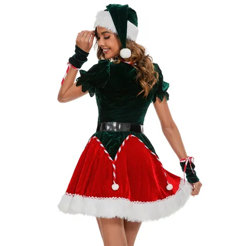 Γυναικεία Στολή Cosplay Ξωτικό των Χριστουγέννων Φόρεμα Με Καπέλο Ζώνη Μανίκια Κόκκινο Πράσινο Βελούδο Ρούχο για Πάρτι Παράσταση
