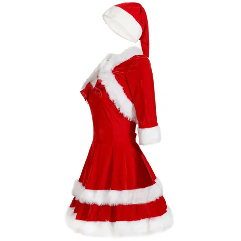 Costume de Noël Sexy pour Femmes Chapeau Châle et Mini Robe Festive Velours Rouge Bordure en Fourrure Tenue de Fête Femmes