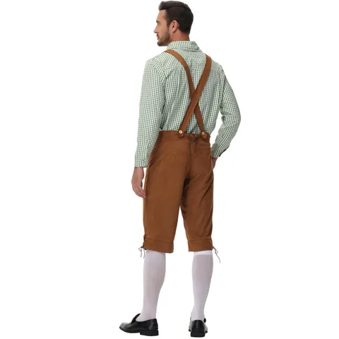 Heren Oktoberfest Kostuum Beierse Lederhosen Outfit Duits Bierfeest Kostuum Geborduurde Bretels Shorts Geblokt Overhemd Top And Bottom Voor Halloween Carnaval