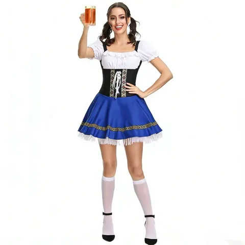 Dirndl Dress Oktoberfest Bavarian Maid Costume Blue Floral Print Ruffle Lace Up Party Fancy Dress For Women Traditional Festival Outfit