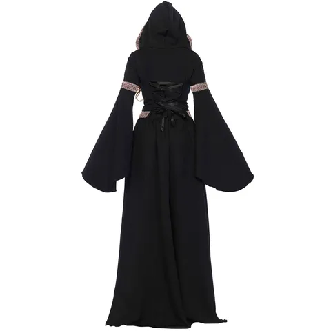 Robe à Capuche Palais Médiéval Rétro pour Femme Costume de Sorcière Maléfique Noire pour Fête d'Halloween Robe Longue en Velours Côtelé à Manches Évasées