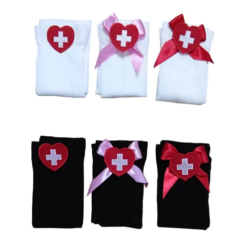 Bas Cosplay Infirmière pour Femmes Élasthanne Nylon Écusson Cœur Croix Nœud Chaussettes au-dessus du Genou Costume Sexy Fête