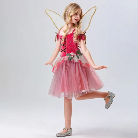 Kids Flower Fairy Tulle Princess Dress Costume For Girls Elf Cosplay Stage Performance Velvet Mesh Satin Dress And Wings Set