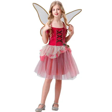 Kids Flower Fairy Tulle Princess Dress Costume For Girls Elf Cosplay Stage Performance Velvet Mesh Satin Dress And Wings Set