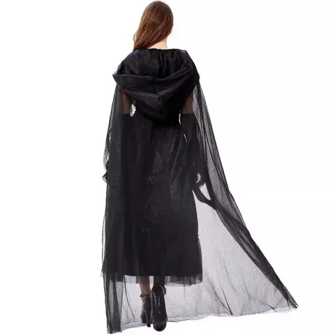 Dames Halloween Vampier Geest Bruid Kostuum Capuchon Mantel Jurk Set Gotisch Zwart Feest Rollenspel Outfit Voor Volwassenen