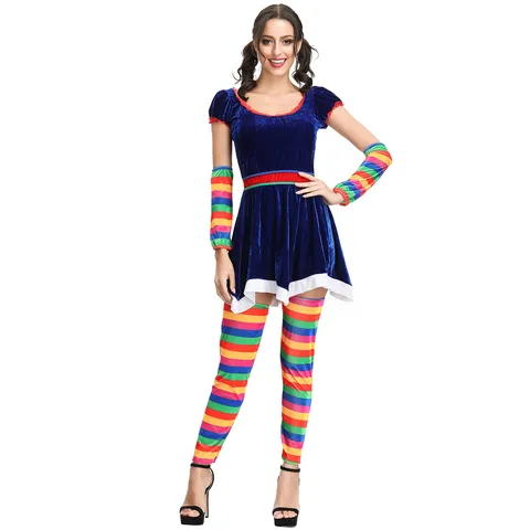Women Circus Clown Costume Rainbow Striped Stage Performance Dress Set For Halloween Christmas Party Role Play Costume