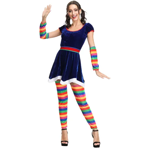 Women Circus Clown Costume Rainbow Striped Stage Performance Dress Set For Halloween Christmas Party Role Play Costume