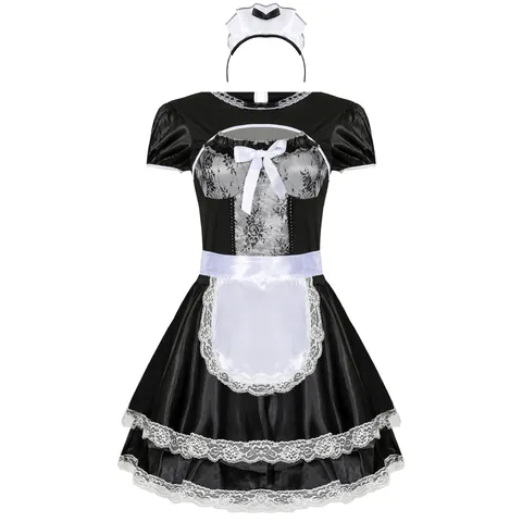 Sexy French Maid Costume Lingerie Set Black White Bow Lace Trim Cosplay Uniform Dress With Headband Apron For Women Role Play