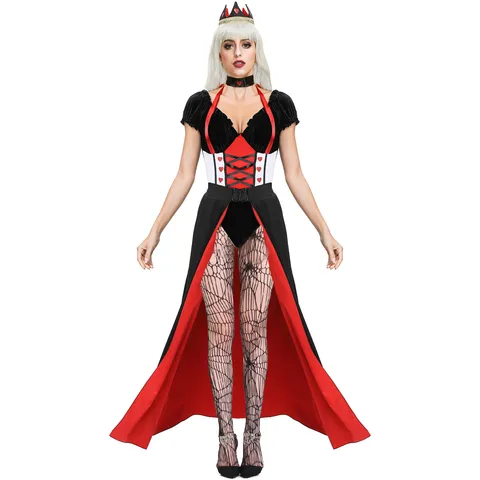 Medieval Queen Of Hearts Costume Halloween Palace Princess Ball Gown Party Cosplay Outfit For Women Top And Bottom Accessory Set