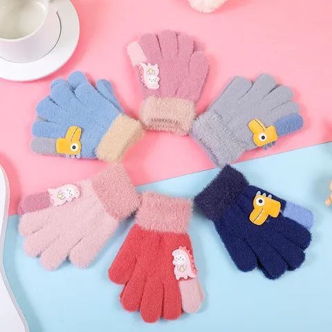 Gants Chauds d'Hiver pour Enfants Mignons Dinosaure Dessin Animé Polaire Épaisse Tricotés Pleins Doigts pour Garçons Filles