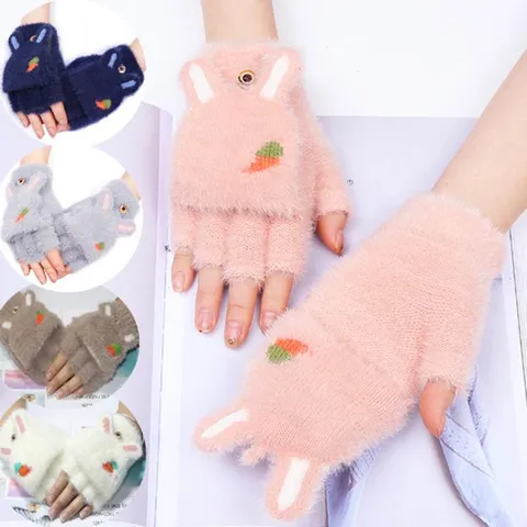 Women Winter Warm Half Finger Gloves Faux Mink Fur Cute Carrot Embroidery Flip Top Convertible Gloves Student Mittens