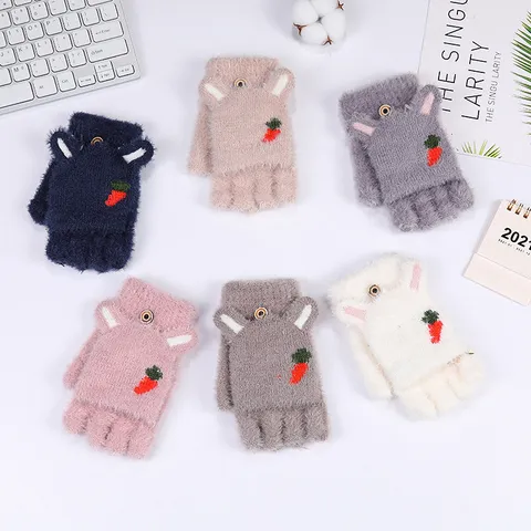 Women Winter Warm Half Finger Gloves Faux Mink Fur Cute Carrot Embroidery Flip Top Convertible Gloves Student Mittens