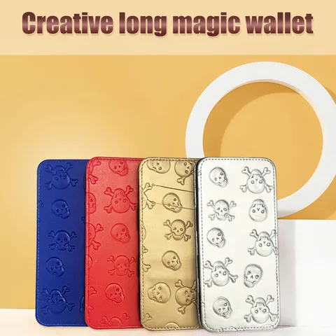 Men's Punk Casual PU Leather Long Magic Wallet Embossed Skull Printed Pattern Card Holder Elastic Band Currency Cash Organizer Wallet