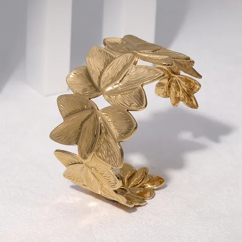 Minimalist Stainless Steel Open Cuff Bracelet For Women 18K Gold Plated Petal Leaf Adjustable Fashion Jewelry Wrist Band