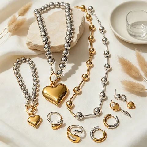 Mode Acier Inoxydable Cœur Assortis Collier Bracelet Bague Boucles d'Oreilles Ensemble Bijoux Tendance Pour Femmes