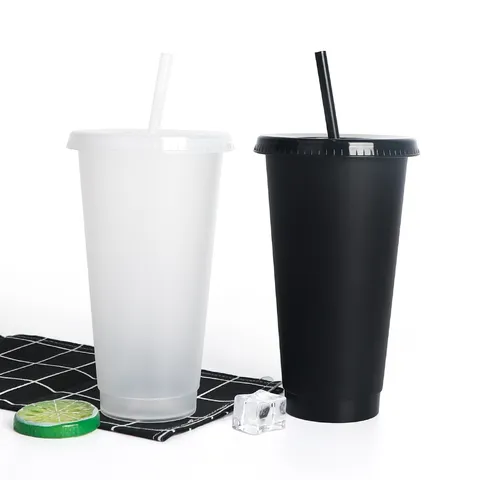 Transparenter Plastik Strohhalm Becher Farbwechsel Kaffeetasse Mit Deckel Wiederverwendbar Kaltgetränk Becher Für Büro Zuhause